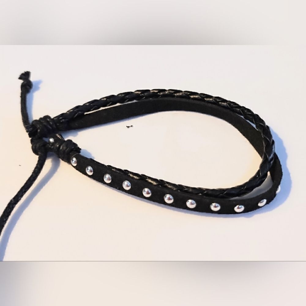 Men's bracelet leather braided layered black new d38
